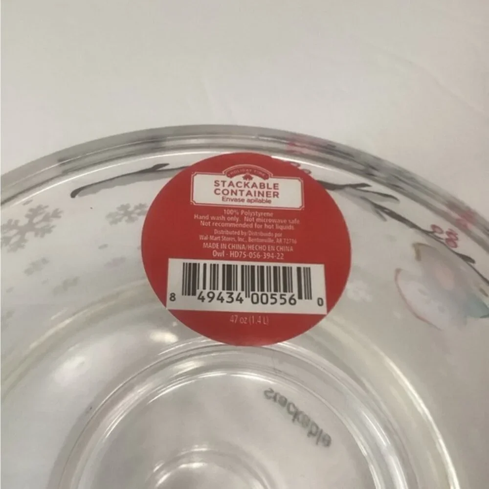 Clear plastic Christmas owl themed cookie jar